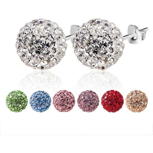 Silver Color Ear Stud Earrings Shiny Rhinestone Crystal Zircon Ball Shape Earring + Silicone Plug