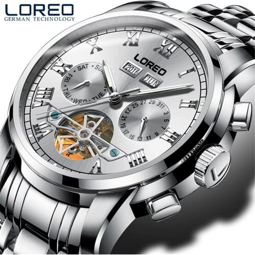 Automatic Watch Men Top Brand Luxury Full Steel Tourbillon Sport Mechanical Watch Fashion 50M Waterproof Men Watches LOREO 6108