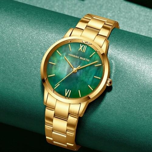 2021 New Gold 316L Stainless Steel Green Stone Real Pearl Dial Japan Quartz Movement Womens Waterproof Luxury Watches For Girls