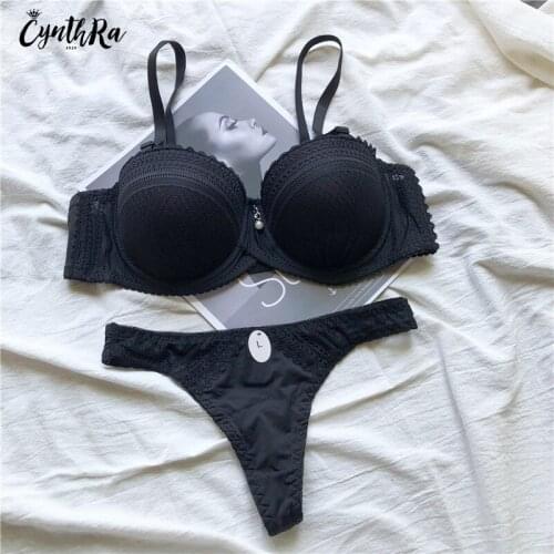 CYNTHRA Bras Set Womens Sexy Lace Plus Size Thong Half-Cup Three-breasted Adjustable Gather Push Up Underwear Lingerie Sets