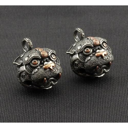 1pcs Lucky Beast Brass Knife Beads White Copper Auspicious Animal Paracord Beads China Lion Bell Keychain DIY