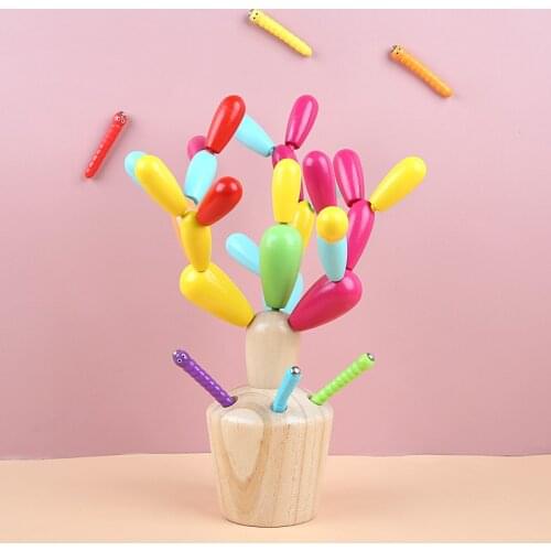 Montessori Childrens Early Education Toy Cactus Wooden Building Block Splicing Cactus Alpinia Oxyphylla Insect Catching Game