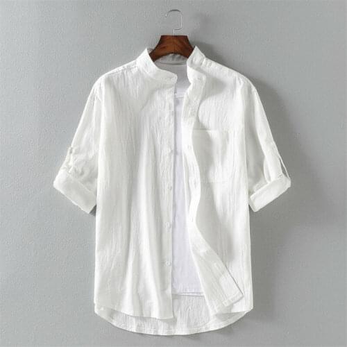 Mens Linen Half Sleeve Shirt Ethnic Mandarin Collar Blouse Top Casual Retro