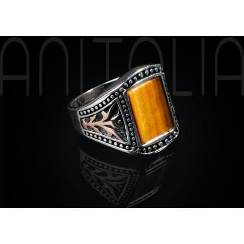 Men Silver Ring With Brown Tiger Eye Stone And Tree Motif, Made In Turkey, Solid 925 Sterling Silver