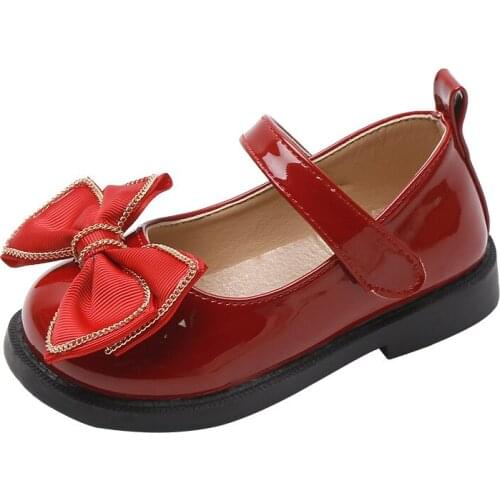 2021 New Soft Bottom Childrens Chain Leather Shoes Girl Single Shoes Childrens Bow-knot Shoes Princess Party Shoes Sweet Hot