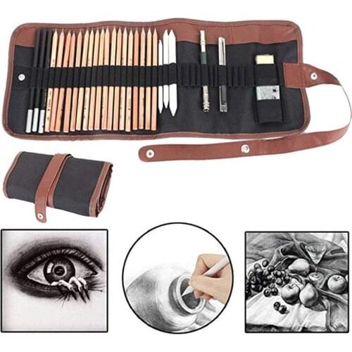 Penman Dedicated Sketching Tool Pouch Graphite Charcoal Sketch Pencil Set with Canvas Roll Up Storage Bag Eraser Paper Stump