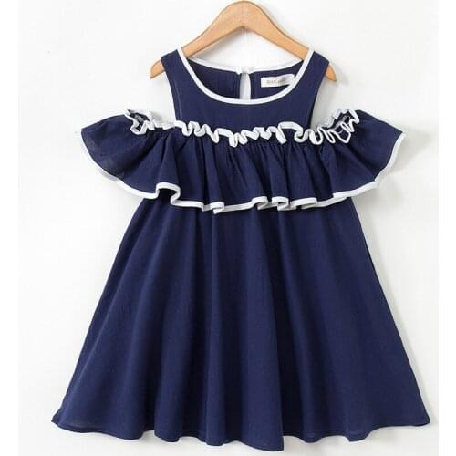 Girls cold shouler dress / Navy dress with ruffle / Free shipping
