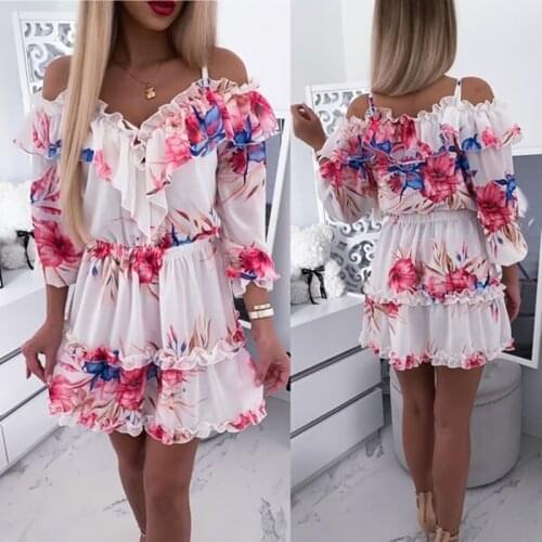 Summer Dress Women Robe Femme Print A-Line Dresses Ruffles Sling Off Shouler Elastic Waist Y2K Dress For Woman Vestido De Mujer
