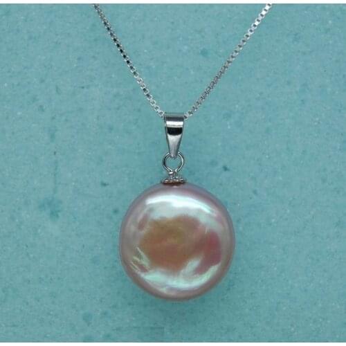 Fine 12-13mm AAA+ Purple Coin Pearl Pendant 925S 18"