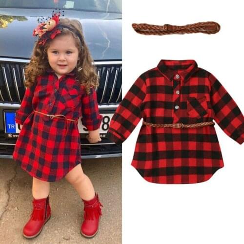 0-5Y Newborn Kids Baby Girls Red Plaid Princess Party Long Sleeve Dress Waistband Clothes