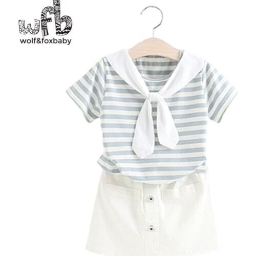 Retail 2-8 years set Short sleeves T-shirt + skirt child children summer strip navy shirt
