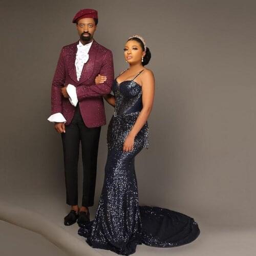 Navy Blue Beading Evening Dresses Spaghetti Strap Sequin Mermaid Prom Gown Lace Up Back Plus Size Vestidos De Fiesta