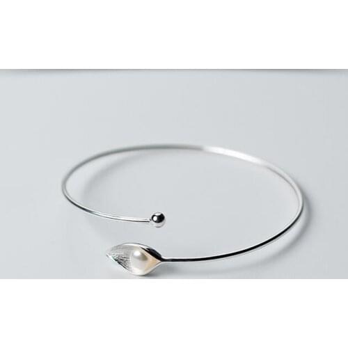 THIN 100% Real. 925 Sterling Silver Fine Jewelry Ginkgo Leaf with Pearl Bangle Bracelet with Polished Round Ball GTLS642