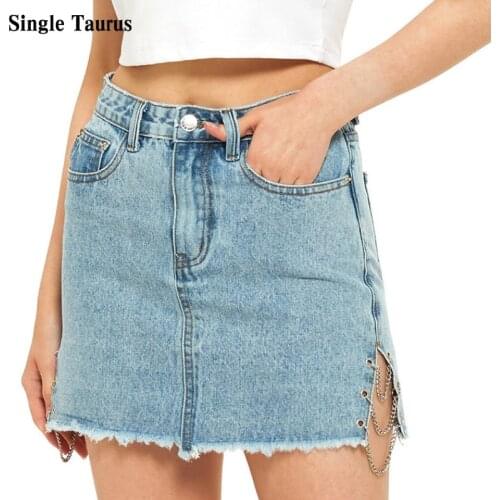 2021 Summer High Waist Jeans Skirt for Women A Line Metal Chain Split Sexy Denim Mujer Faldas Japanese Casual Skirts Womens
