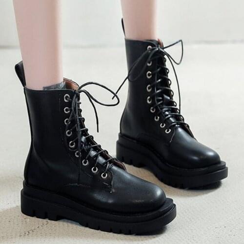 British Lace up boots women chunky heels round toe riding boots 35-40 platform shoes women thicken soled motorcycle botas 2020