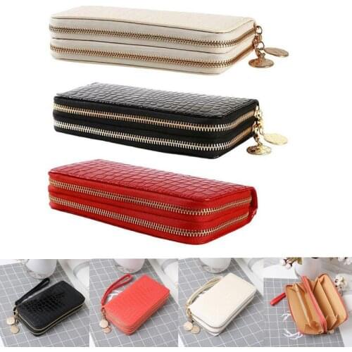 Stone Grain Leather Wallet Ladies Long Double Zipper Coin Purse Large-Capacity Patent Leather Hand Wallet Credit Card Holder