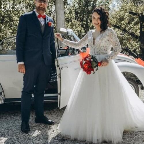 E JUE SHUNG Country Wedding Dresses Long Sleeves V Neck Button Back Elegant Lace Tulle Bridal Wedding Gowns Vestido de noiva
