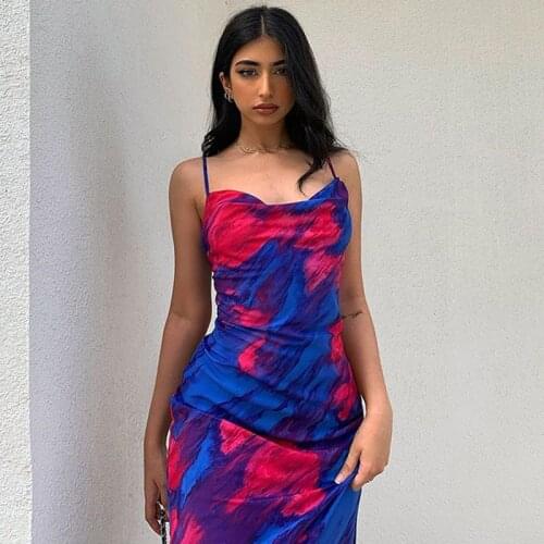 Women Dress Sexy Floral Printed Pile Neck Midi Dress Pleated Sling Halter Sleeveless Beach Party Clubwear Backless Casual Summer