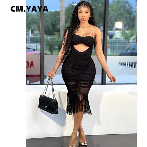 CM.YAYA Women Midi Dress Solid Sleeveless Strap Slash Neck Cut Out Tassel Stretchy Dresses Sexy Fashion Outfits Summer 2021
