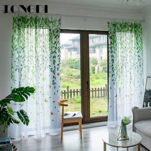 TONGDI White Tulle Print Curtain Pastoral Elegant Willow Leaves Floral Transparent Decor For Spring Parlour LivingRoom Bedroom