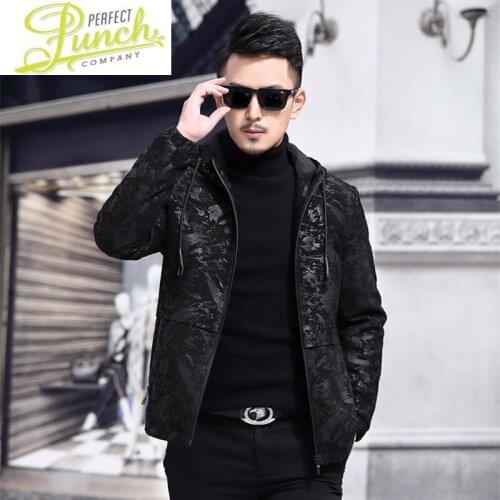 Jacket Genuine 2021 Mens Hooded 100% Sheepskin Coat Mens Print Leather Jackets Chaqueta Cuero Hombre 1802 YY552