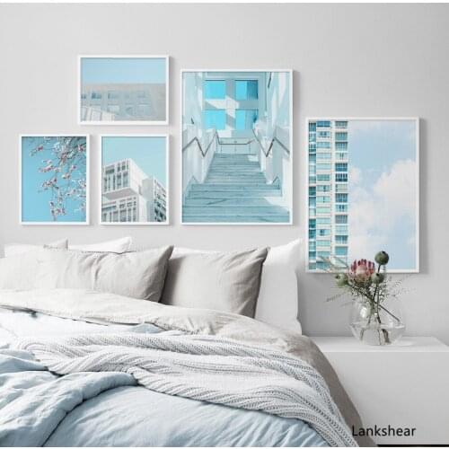Wall Art Canvas Painting Cherry Blossoms White Building Stairs Nordic Posters And Prints Landscape Wall Pictures For Living Room