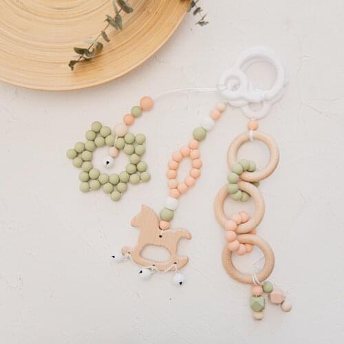 2021 New Baby Teething Toys Food Grade Wooden Infant Gym Frame Stroller Hanging Pendants Ring Teether Molar Teething Rattles