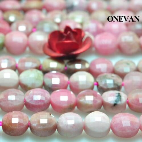 ONEVAN Natural Rhodochrosite Pink Rhodonite 4mm Faceted Flat Round Stone Beads Bracelet Necklace Jewelry Making Diy Design