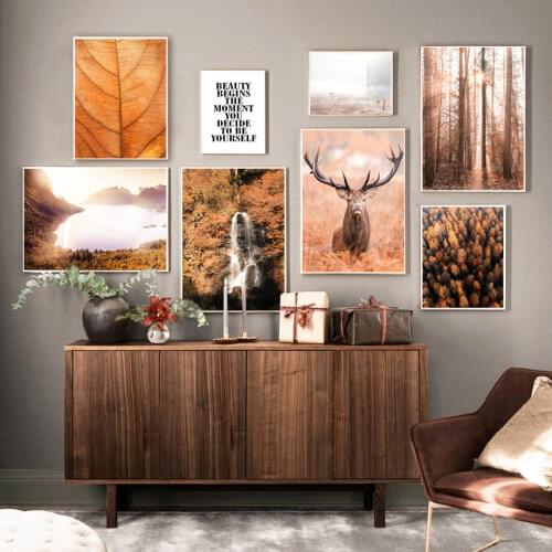 Autumn Forest Leaves Lake Waterfall Deer Wall Art Canvas Painting Nordic Posters And Prints Wall Pictures For Living Room Decor