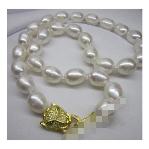 AAA 10-11mm south sea baroque white pearl necklace Leopard head Clasp 18"