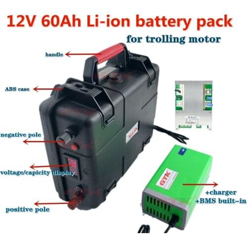 Rechargeable lithium-ion battery, waterproof, deep cycle 12V 60Ah for electric motor boat propeller, with 10