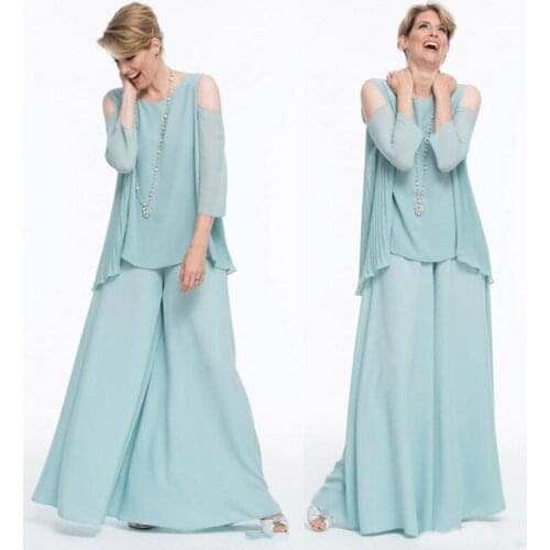 New Arrival Charming Baby Blue Mother of the Bride Dresses Jewel Neck Off Shoulder Sleeves Wedding Guest Gowns Full Length 2021
