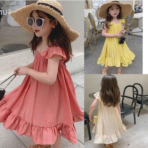 Ins Girls Cotton Linen Beach Dress for Kids Solid Sundress Fly Sleeve Ruffles Holiday Soft Vestido Clothes