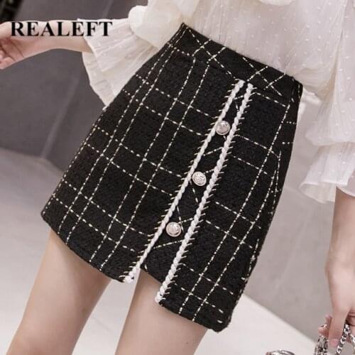 REALEFT 2020 Vintage Plaid Woolen Skirt for Women Korean Style High Waist Slim Irregualr Hem Office Ladies Mini Skirts Female