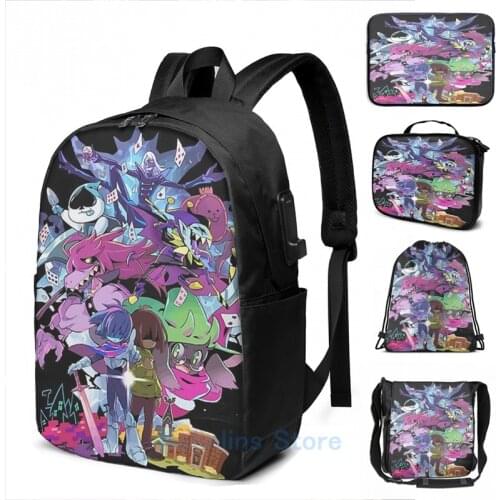 Funny Graphic print Deltarune Adventure USB Charge Backpack men School bags Women bag Travel laptop bag