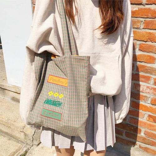 Women Embroidery Cloth Shopping Bags Fashion Plaid Female Canvas Shoulder Bag Simple Student Girls Daily Casual Tote Handbags