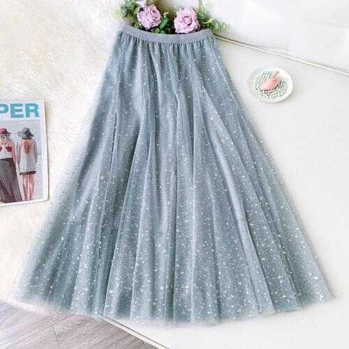 OHRYIYIE Spring Summer Star Sequined Tulle Skirt Women 2021 Casual Elastic High Waist Shining Princess Tutu Skirt Jupe Longue