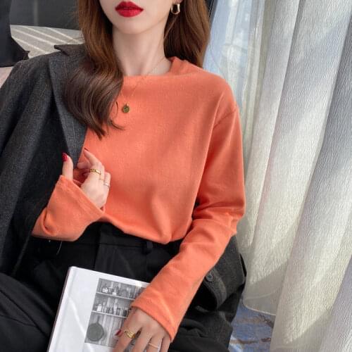 Womens Long-Sleeved T-shirt Loose Spring and Autumn 2021 round Neck Top