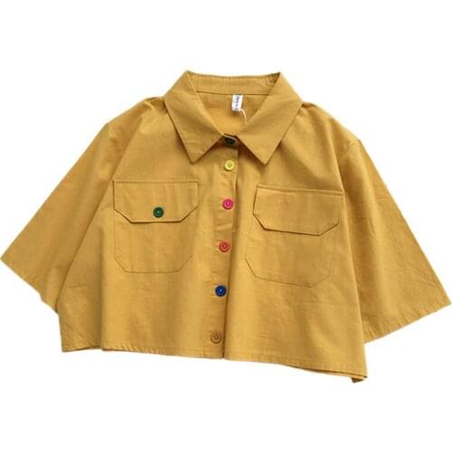 Merry Pretty Summer Harajuku Blouse Shirt Women CropTops Turn Down Collar Pocket Shirts Korean Button Short Sexy Cropped Blouse