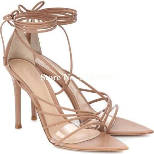 Lady New PVC Nude Leather Lace-up Sandals Sexy Pointed Toe Strappy Stiletto Heel Sandals Shoes Women Large Size Party High Heels