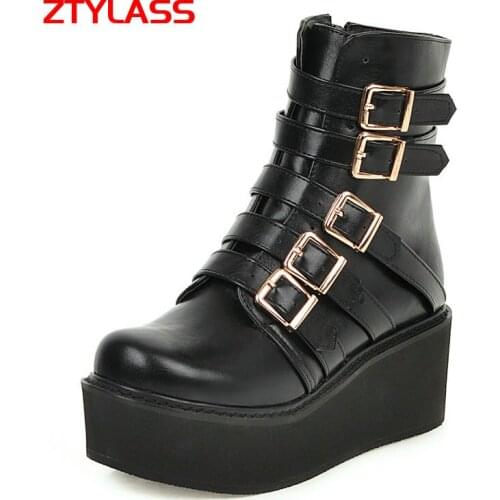 Fashion Belt Buckle Women Boots Thick Bottom Ankle Boots Platform Chunky Heel Short Boots Autumn Winter Woman Shoes Size 34-43