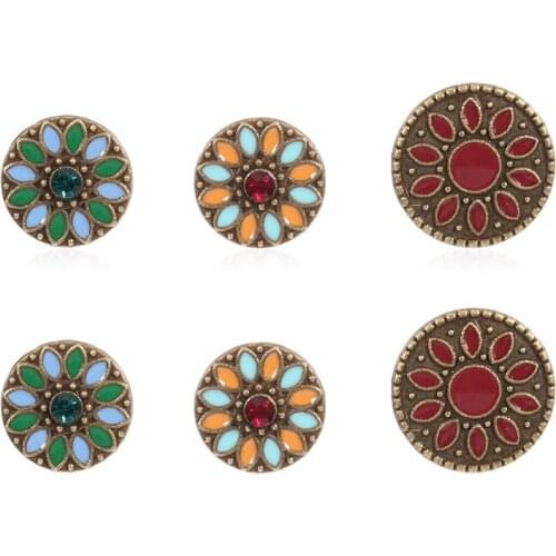 HC Bohemian Flower Round Stud Earrings Set for Women Retro Statement Jewelry Colorful Enamel Ethnic Metal Earrings Female Gift F