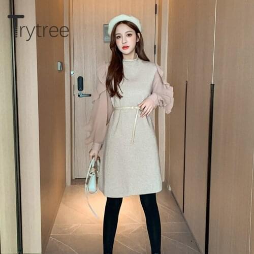 Trytree 2020 Spring Autumn Women Casual Dress V-neck Stand Collar Ruffles Patchwork Solid A-line Knitting Temperament Dress