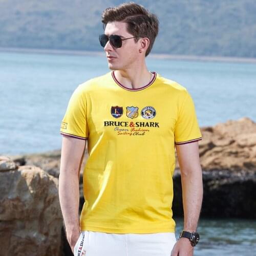 Mercerized Cotton Men T-Shirt Tops Male Tees Fashion Bruce&Shark nice embroidery Short Round T-Shirt Homme Camisa big 4XL casual
