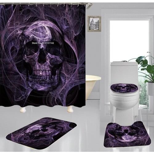 Creative Personality Horror Skull Print Waterproof Shower Curtain Bathroom Decoration Non-slip Bath Mat Toilet Seat 4-piece Set