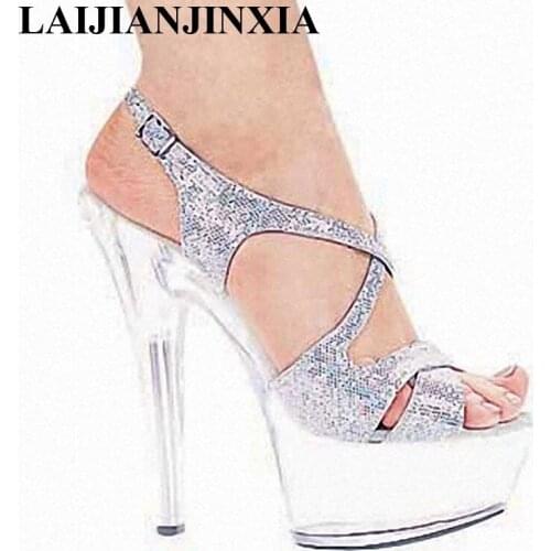 LAIJIANJINXIA NEW 15 CM High-Heeled Crystal Sandals Nightclub Fashion Shoes Pole Dancing Shoes Model High Heels Womens Shoes