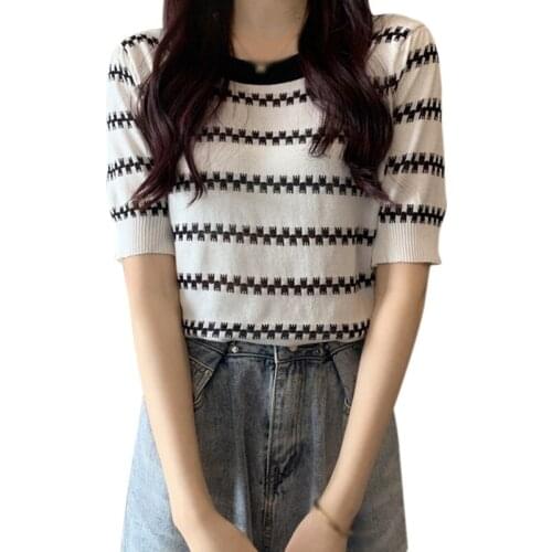 Summer Short Sleeve Shirt Casual Round Collar Tops Women Tops Knited Tops Stripes Print Women Wear Green/Pink/Blue/Black