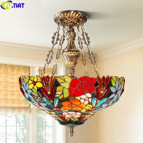 FUMAT Tiffany Style Reverse Chandelier Pendant Lamp Stained Glass Blue Rose Grape Hanging Light Fixture House Decor Art Lighting
