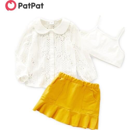 PatPat 3-piece Toddler Girl White Tank Top, Doll Collar Flower Embroidery Lace Hollow out White Shirt and Solid Mermaid Tail Ski