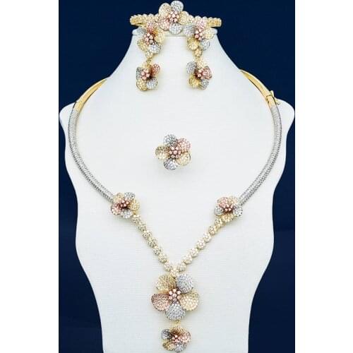 ModemAngel Delicate Flowers Cubic Zirconia Copper 3Tone Dubai Engagement Wedding Party Necklace Bangle Earring Ring Jewelry Set